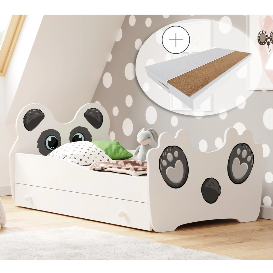 Kids Collective Kinderbett Jugendbett 70x140 cm mit Matratze, Schublade und Lattenrost,  MDF-Holz weiß - Katzenmotiv