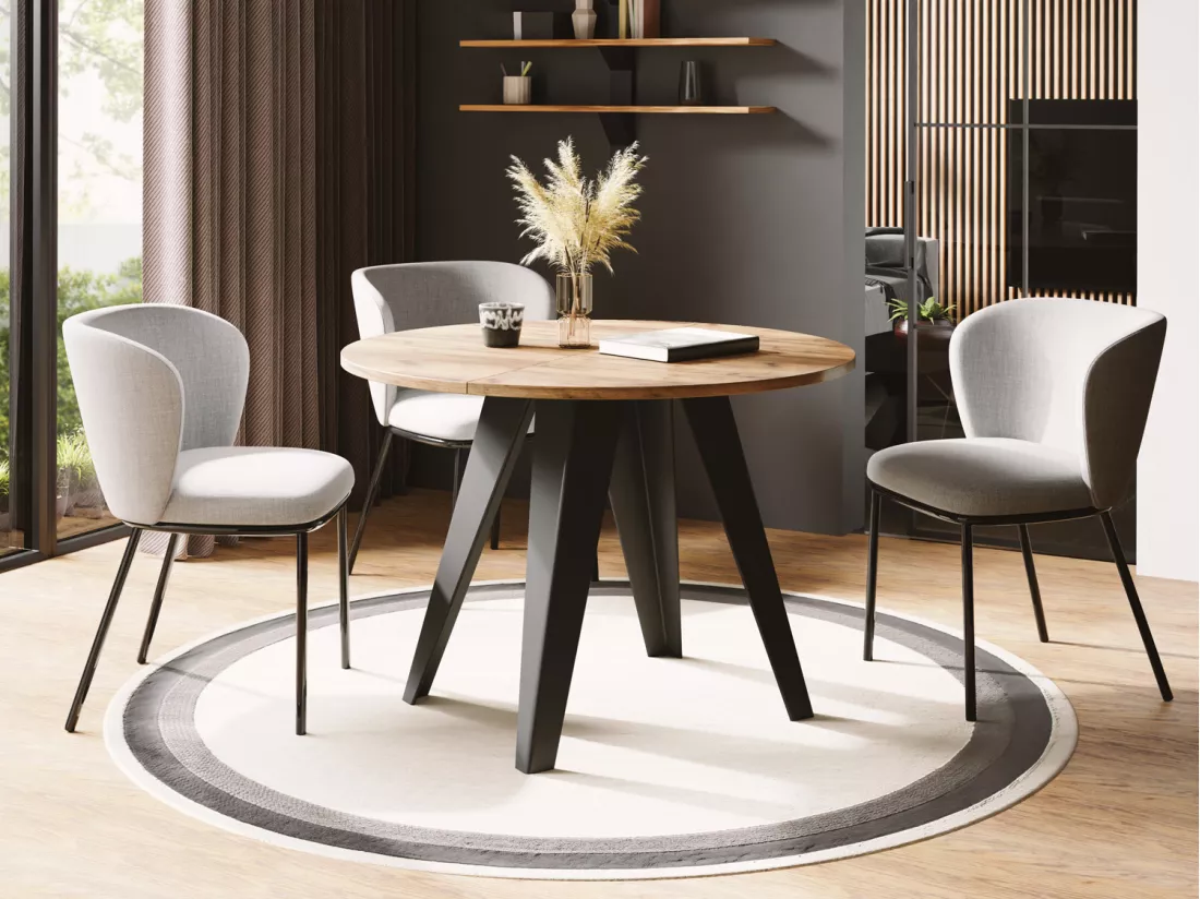 Table De Salle à Manger Ronde De Style Industriel - Moderne - Extensible De 100 Cm à 140 Cm - Pieds Métalliques Noirs - Compact Pour Petite Cuisine Ou Salon - Chêne