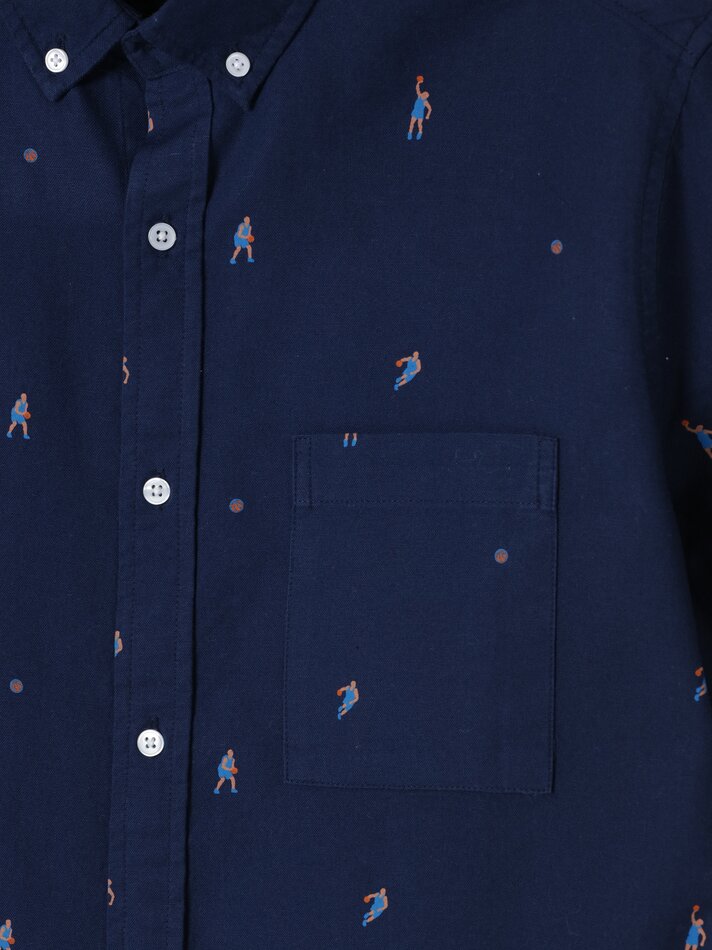 Camisa oxford estampada de manga curta - Azul-marinho