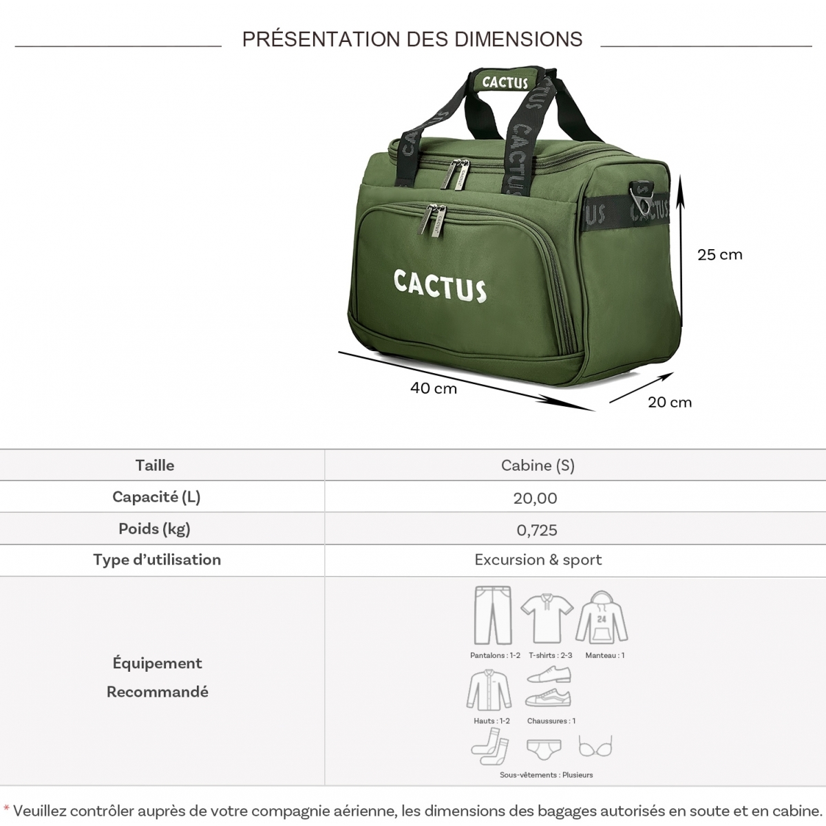 Cactus Sac de voyage 20L week-end et sport Cactus polyester format Ryan Air sans roulettes