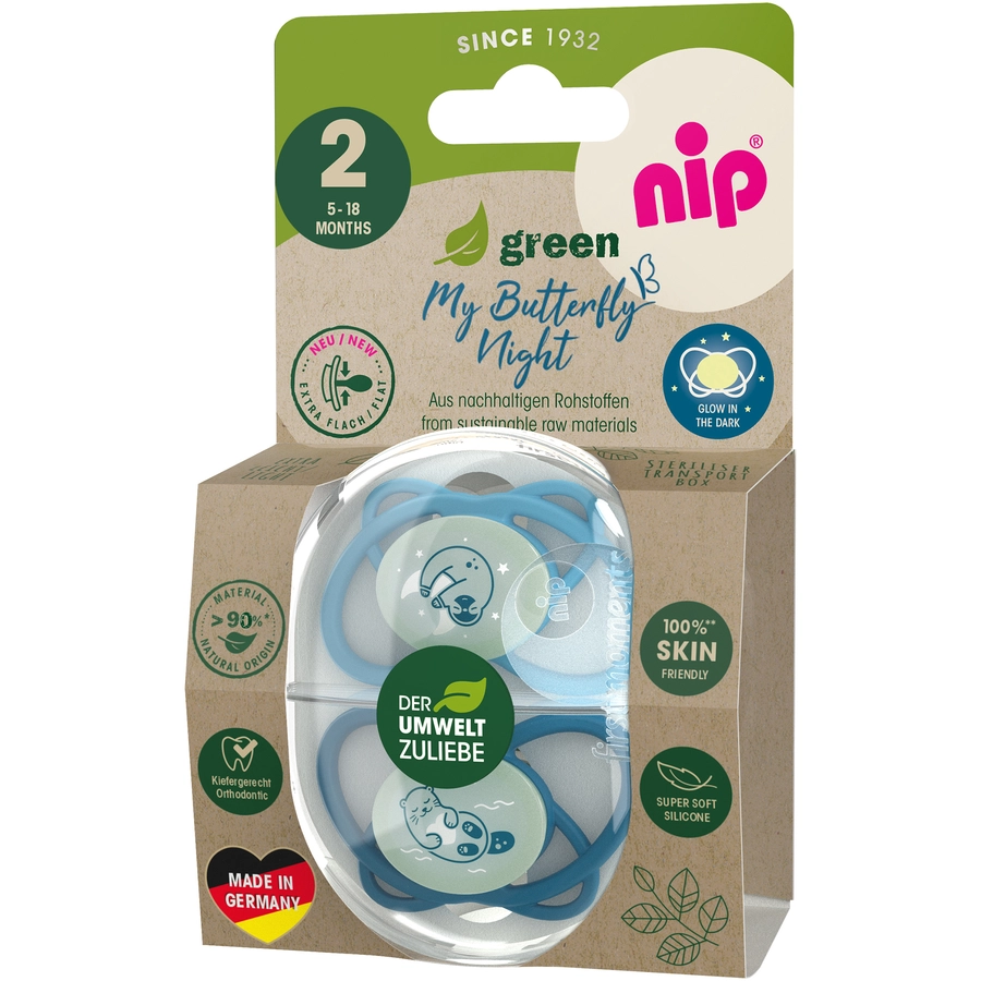 nip® Nachtschnuller My Butterfly Night Green, Größe 2 (5-18 Monate), Silikon Blau