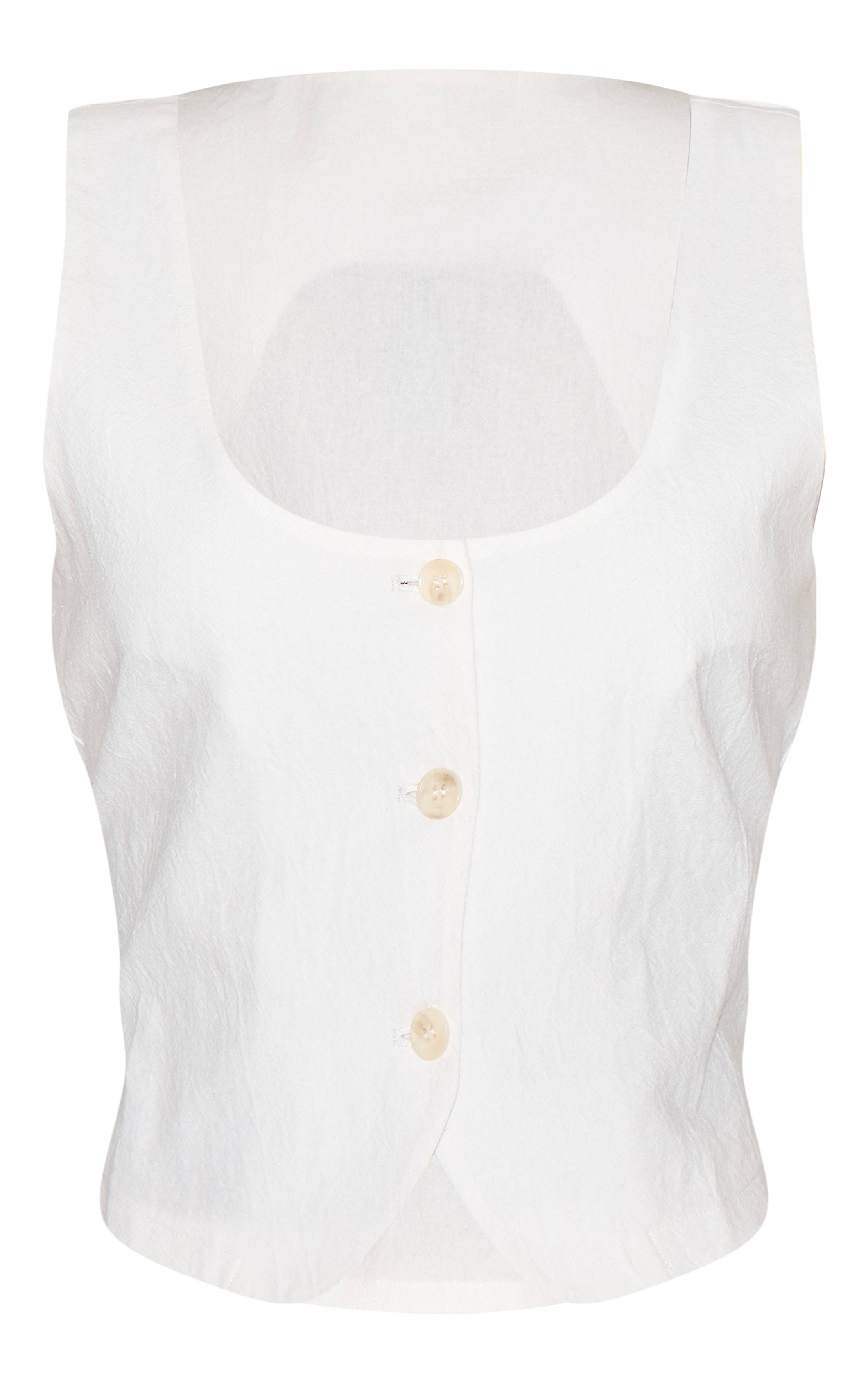 Blanc Gilet Ajusté Tailleur Col Arrondi Aspect Lin