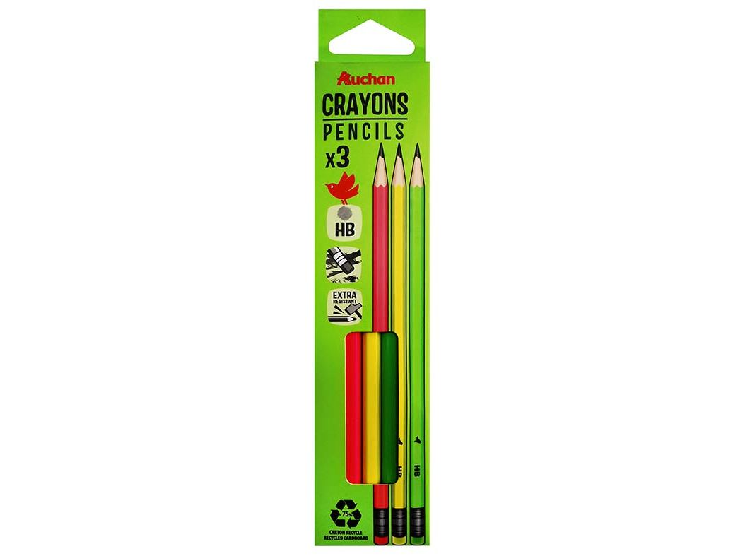 CONJUNTO DE 3 LÁPIS AUCHAN GRAFITE HB COM BORRACHA NEON