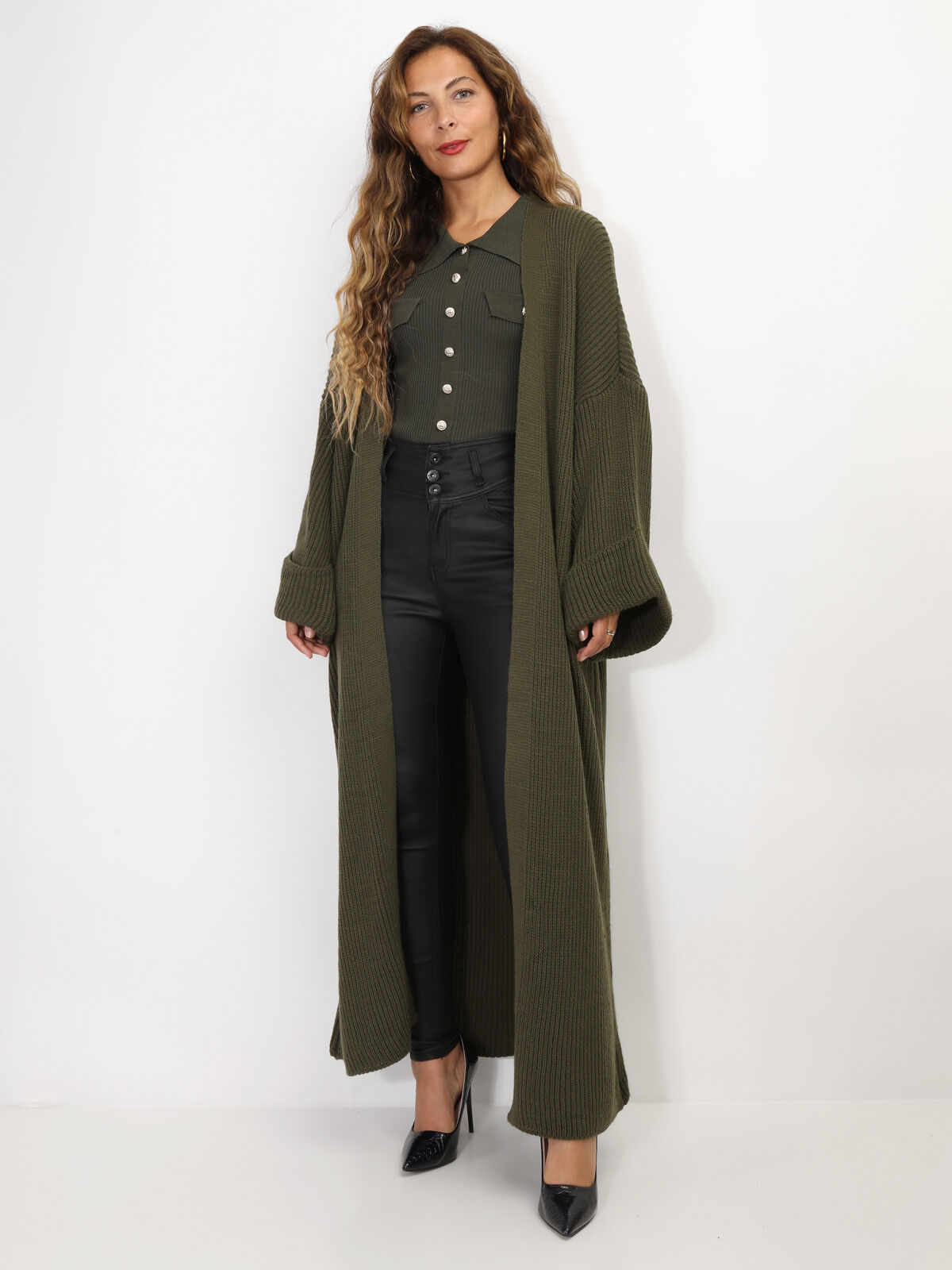 Gilet long à manches évasées- Kaki