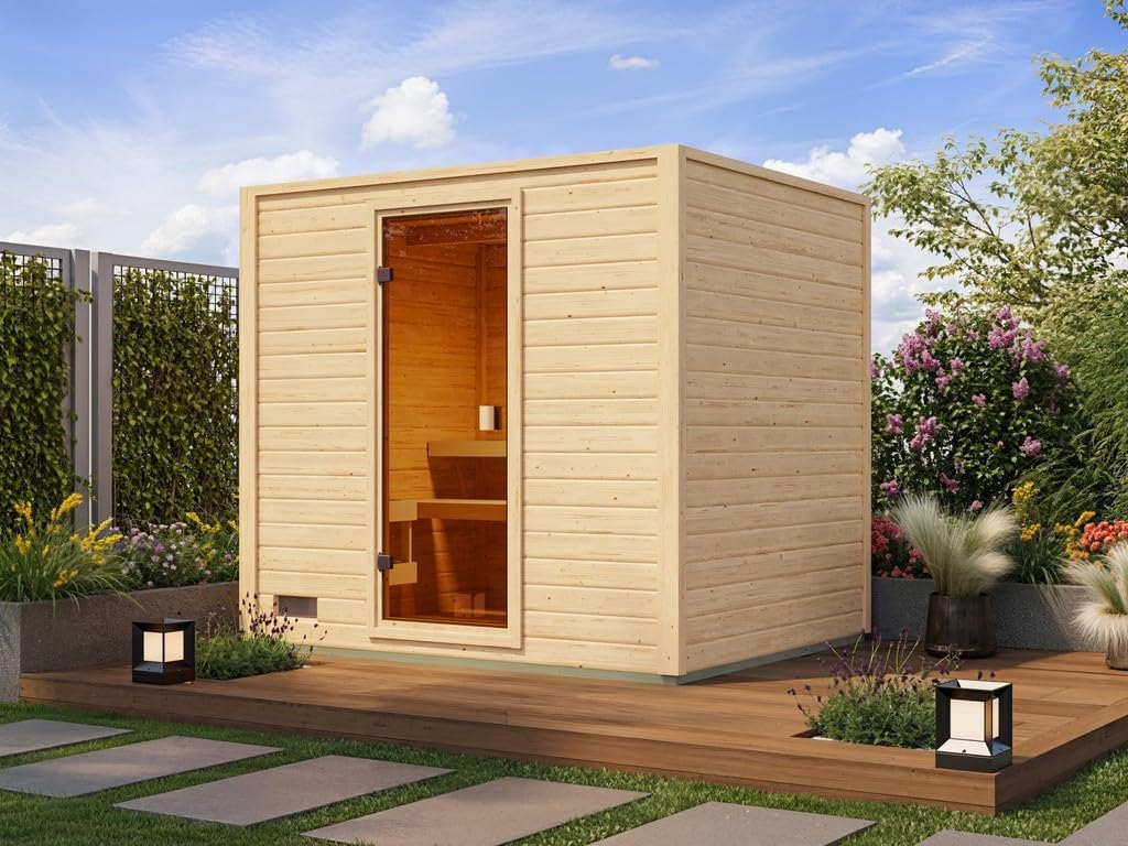 Karibu Gartensauna 230,8x189,9x219,5cm│Garten Sauna aus Fichte 38mm│mit bronzierter Glastür & 2 Liegen│Fronteinstieg│Massivholz│für2–4PersonenmitBoden