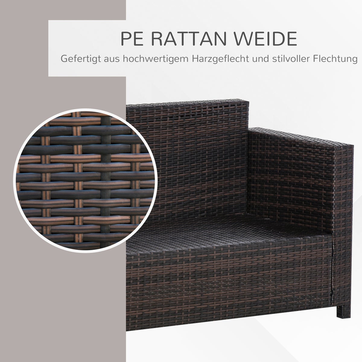 Outsunny Poly-Rotan Sofa met Kussens, 3-zits tuinloungebank, 185 x 70 x 80 cm, Metaal, Polyester, Bruin+Wit