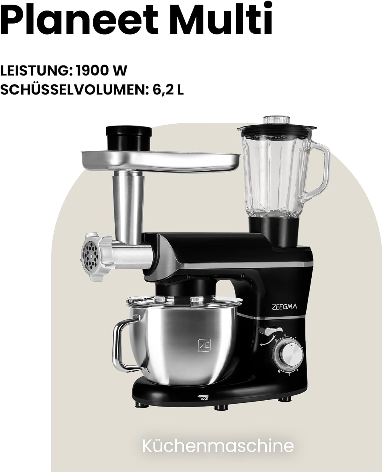 ZEEGMA PLANEET MULTI 1900 W 3-in-1-Planeten-Küchenmaschine, multifunktionale Küchenmaschine mit 6,2-l-Schüssel mit Griff und Deckel, Standmixer, Fleischwolf, 6 Geschwindigkeiten