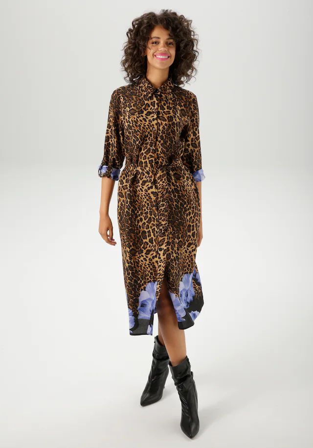 Aniston CASUAL Blusenkleid mit abnehmbarem Bindegürtel,  mit Blüten-Bordüre und Leo-Print - NEUE KOLLEKTION