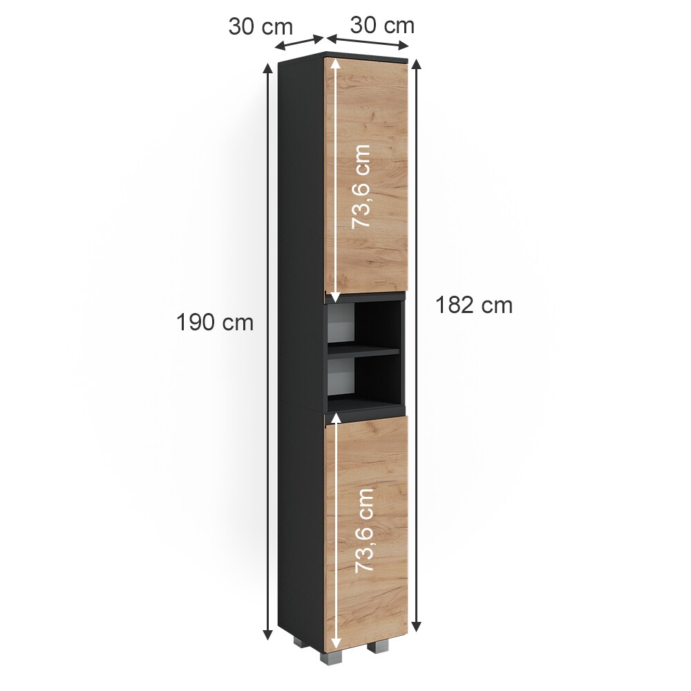 Vicco Hochschrank Badschrank Badezimmermöbel J-shape Anthrazit Eiche modern 30x190cm Badezimmer Schrank Badmöbel Schranktür Schrankfach Aufbewahrung Ablage