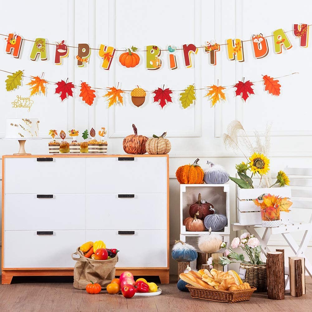 (38-tlg. Set) Happy Birthday Girlande Herbst Kinder Geburtstags Party Deko   Kuchenstecker / Spiralen Girlanden - Orange / Gold / Grün