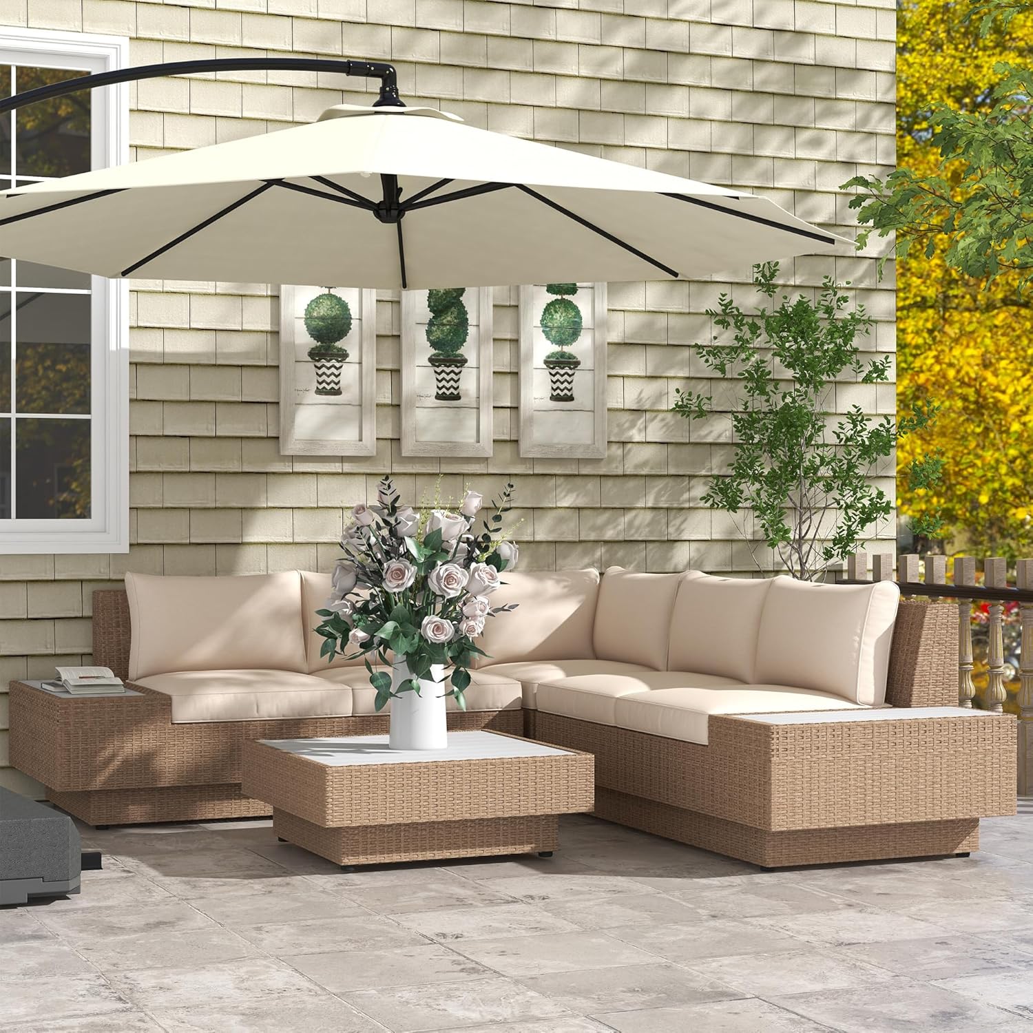 Outsunny 4-TLG. Luxus Polyrattan Gartengarnitur Gartenmöbel Garten-Set Sitzgruppe Loungeset Loungemöbel inkl. Ablagen und Beistelltisch Sitzkissen Braun