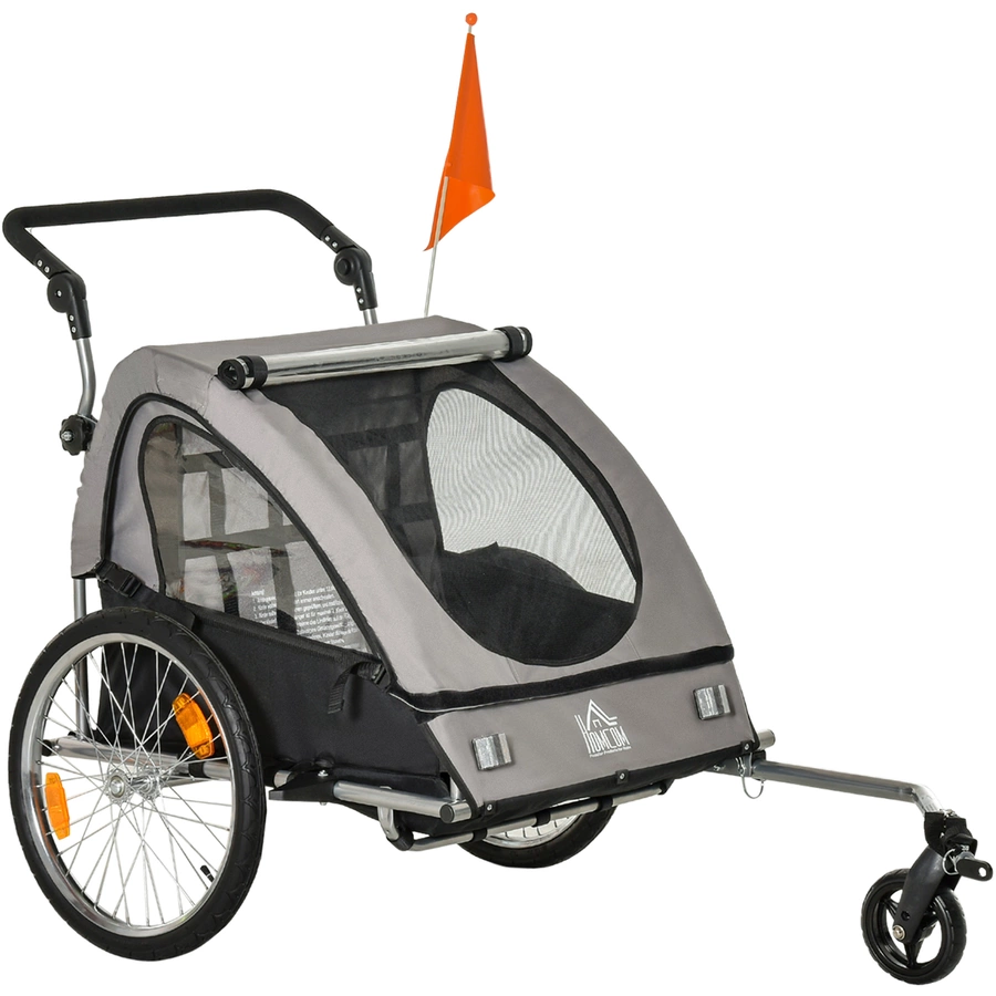 HOMCOM 2-in1 Fahrradanhänger mit Platz für 2 Kinder grauschwarz
