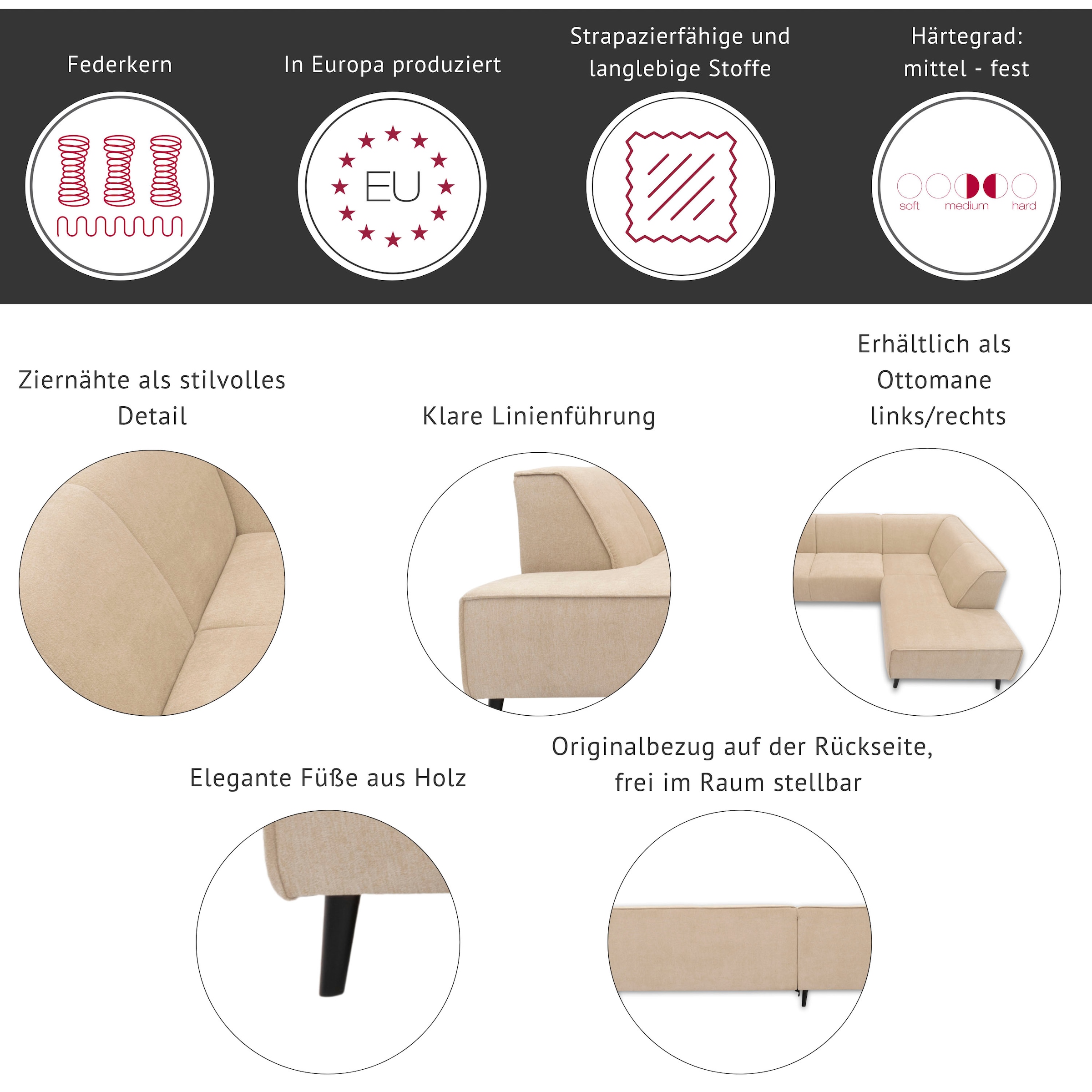 Home affaire Ecksofa »Julia zeitlose und elegante Couch, hoher Sitzkomfort, L-Form« Federkern-Polsterung, Holzfüsse, Keder