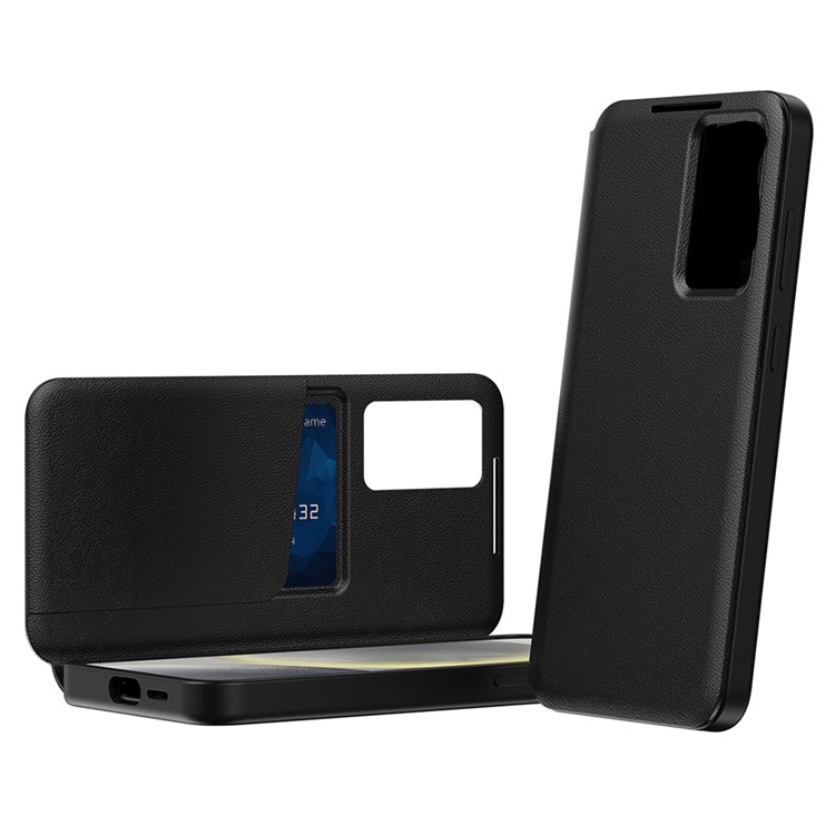 Samsung Galaxy S22 5G Leder Hülle Small Window View Flip Case Litchi Look - Schwarz