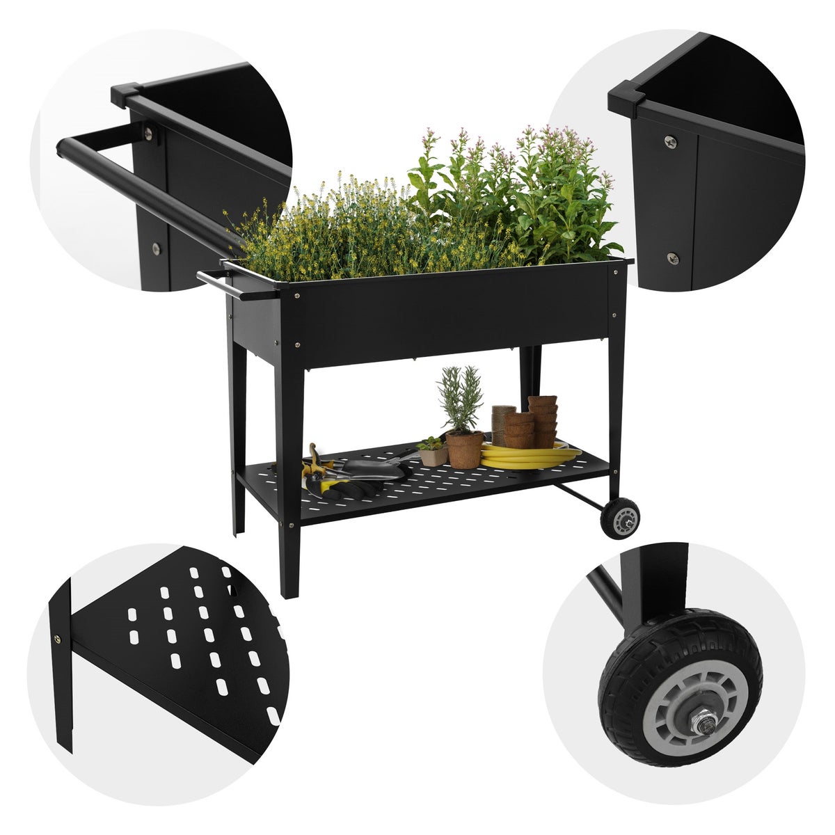 ML-Design Metalen verhoogde tuinbak, mobiel, 98x50x79,5 cm, zwart, mobiele plantenbak met plank, wielen en handvat, plantenbak voor tuin en balkon, tuinbak, groentebak, kruidenbak, bloembak, plantenbak