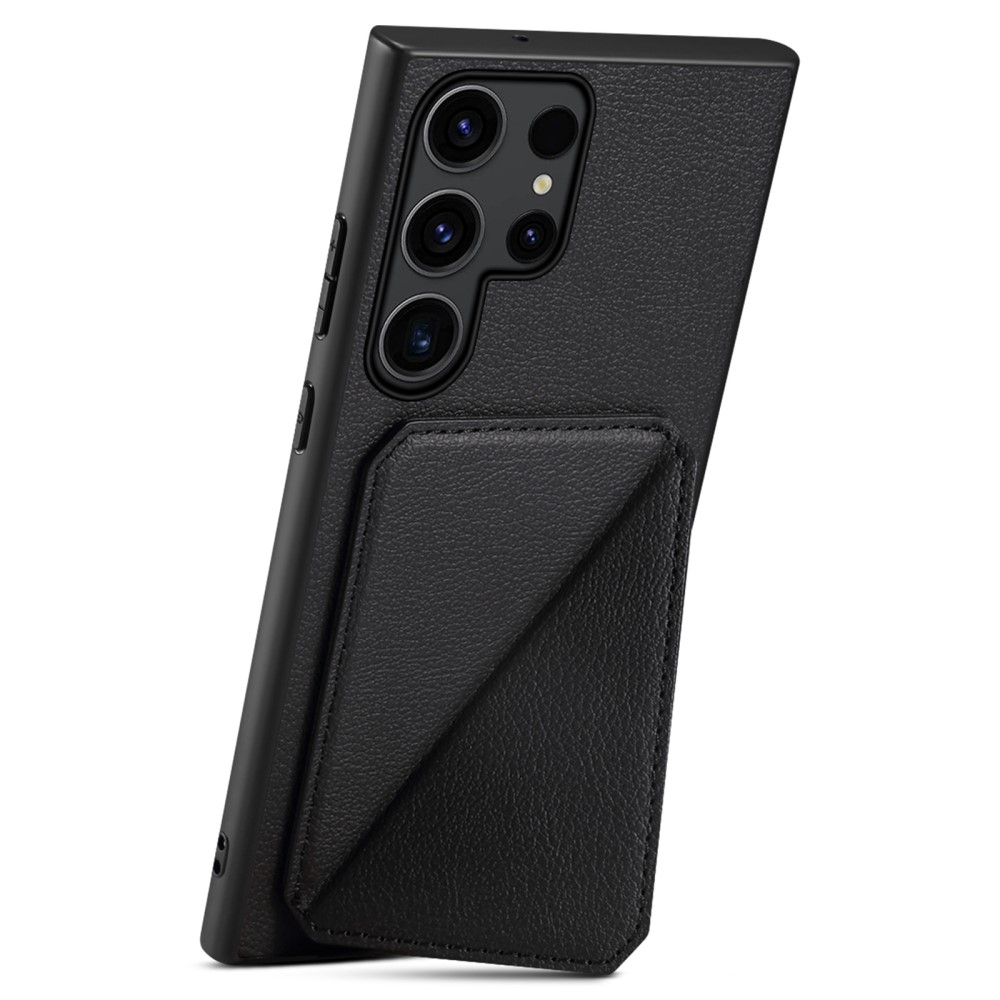 Samsung Galaxy S24 Ultra Leder Hülle mit Kartenfach   Origami Kickstand Aufsteller im Litchi Look - Schwarz