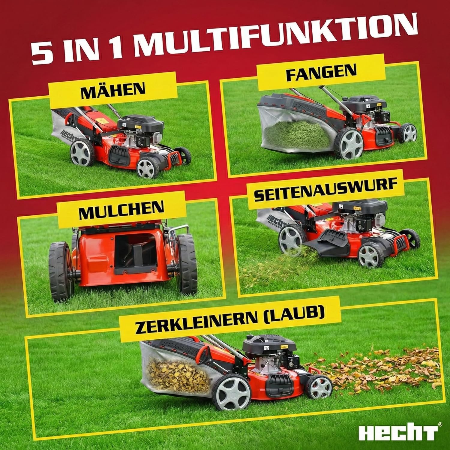 HECHT 5IN1 Rasenmäher Benzin – Bequemer Selbstantrieb - Für Flächen bis 1000 m² - Starker 4 Takt Motor mit 46 cm Schnittbreite – Radantrieb – Mulchfunktion – Seitenauswurf - Rasenmäher Benzin