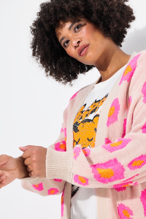 Long-Strickjacke, Color Animalmuster, offene Form