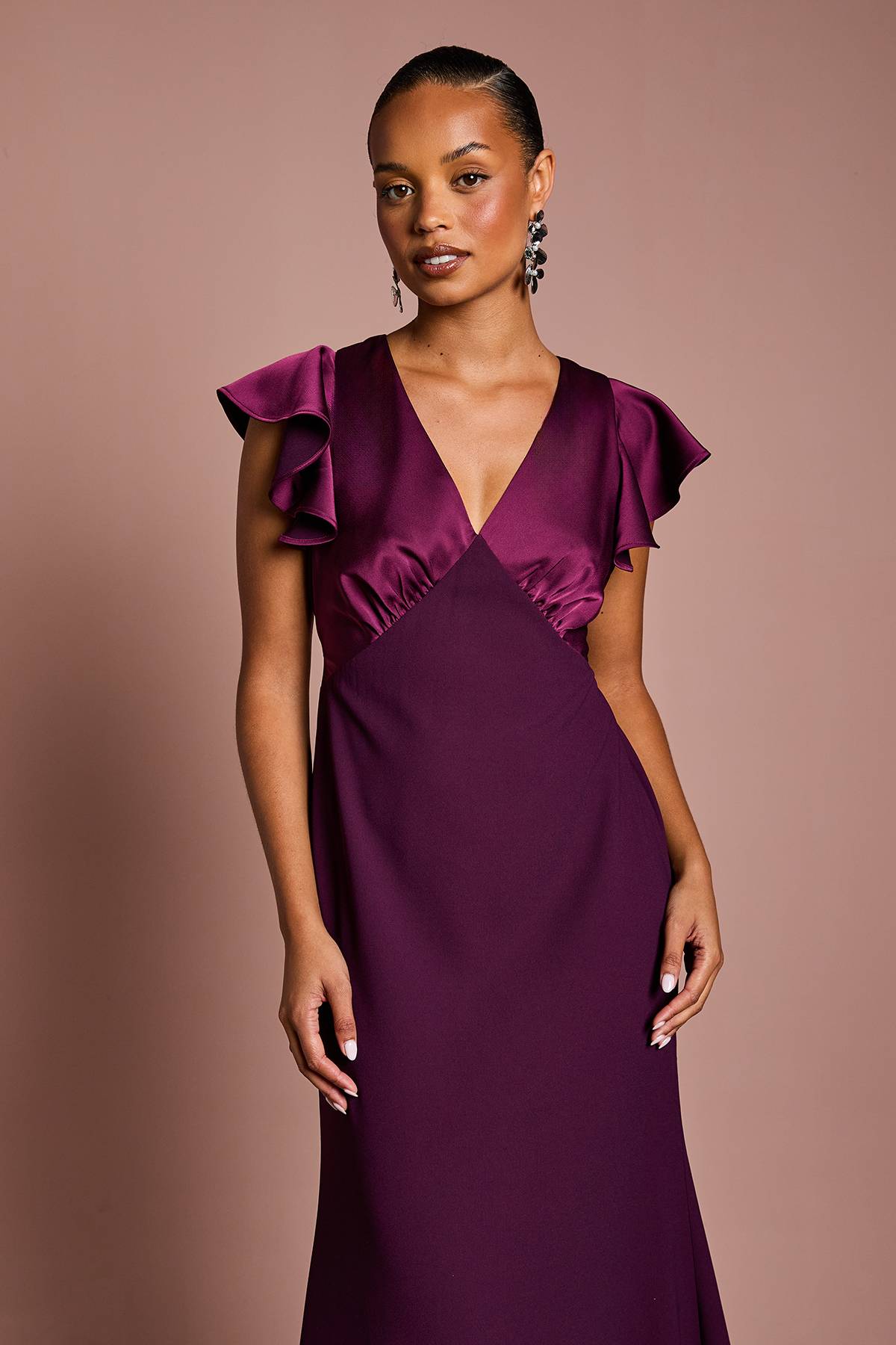 Coast Robe de Demoiselle d'Honneur Maxi Coast Honoured Petite Col V Manches Courtes Angel en Satin