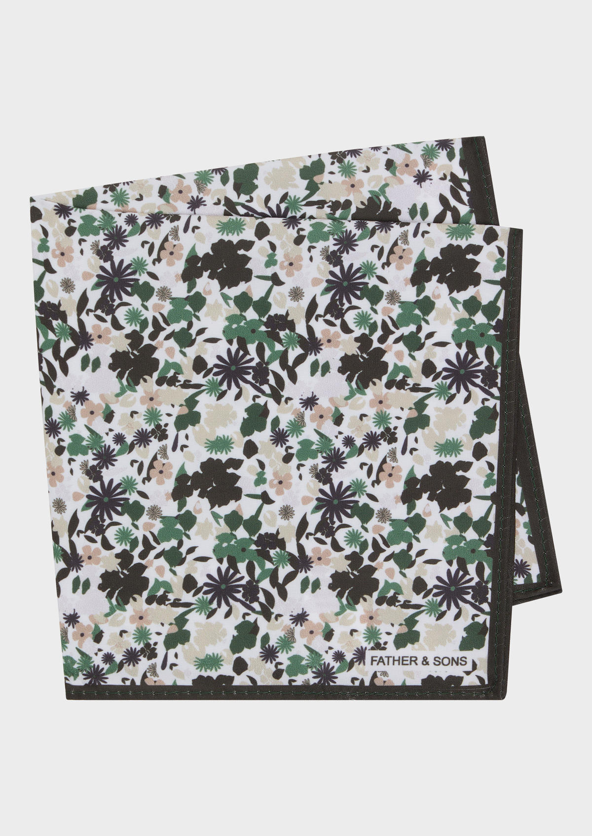 Pochette blanche à motif fleuri kaki, vert, gris et beige