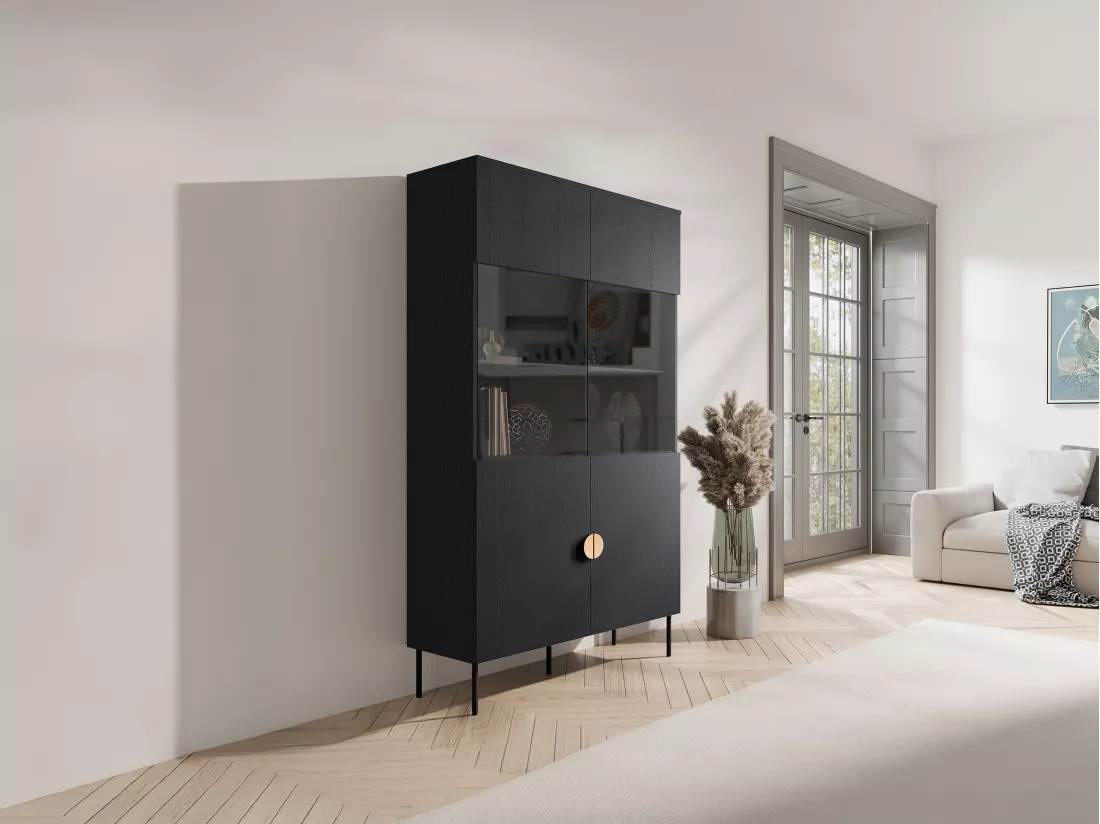 Vitrine 2 portes et 4 niches avec LEDs - Noir et doré - NATANIEL