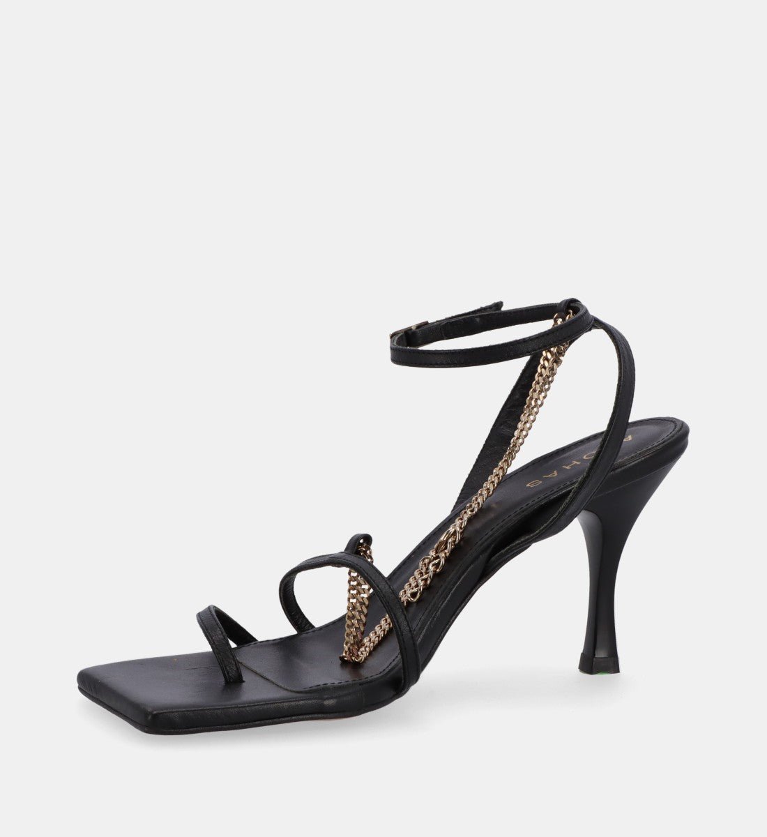 STRAPS - Sandales à fines brides en cuir ornées d'une chaîne | Noir