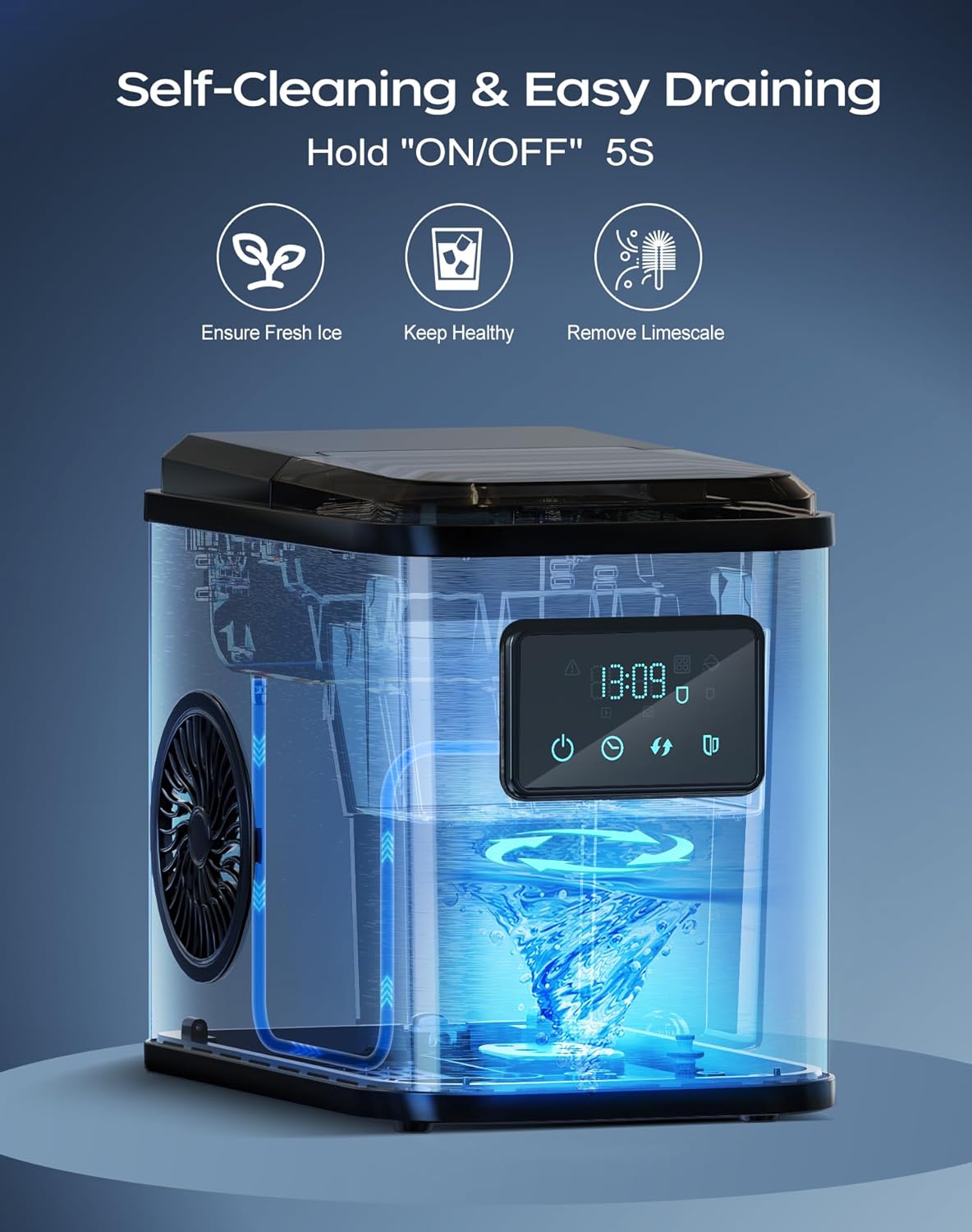 Edelstahl Eiswürfelmaschine mit LED-Display Eismaschine Eiswürfelbereiter und Reinigungsfunktion 2L Wassertank inklusive Eisschaufel und Korb 2 Eiswürfel Größen für Küche Büro Bar und Party