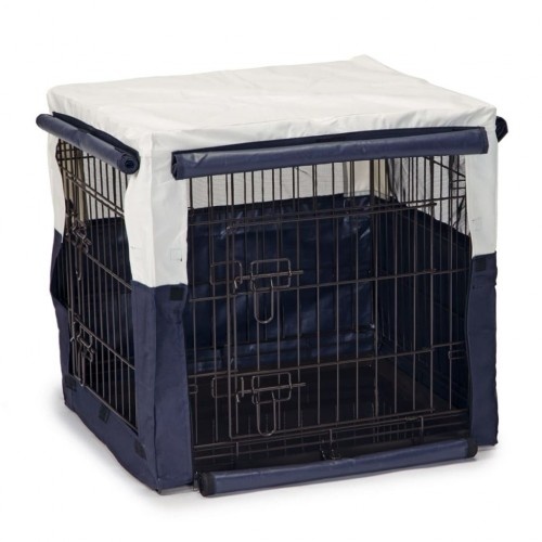 Capa para gaiola de cachorro azul e bege
