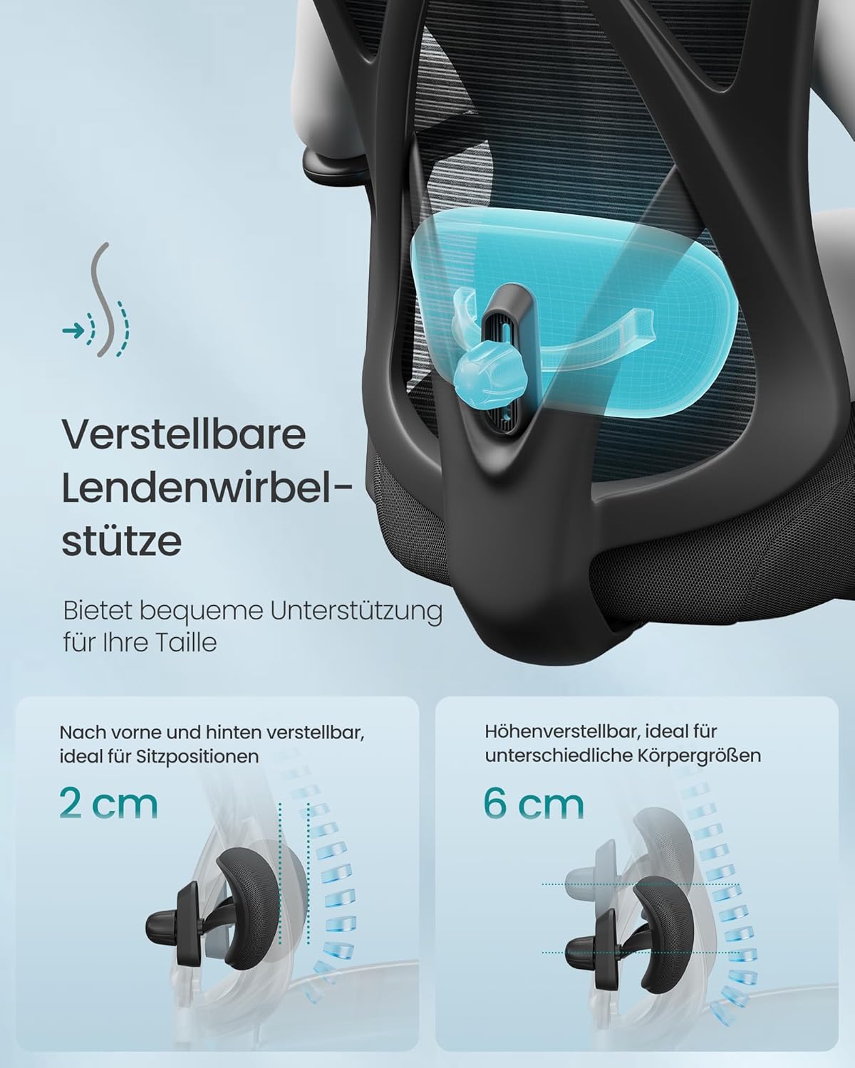 SONGMICS Ergonomischer Bürostuhl, Computerstuhl, Mesh-Stuhl, Lendenkissen und Kopfstütze verstellbar, maximale Belastung: 150 kg, höhenverstellbar, Tintenschwarz, OBN063B01