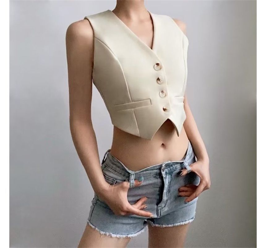 Bazer - V-hals effen asymmetrisch enkelrijgs crop top