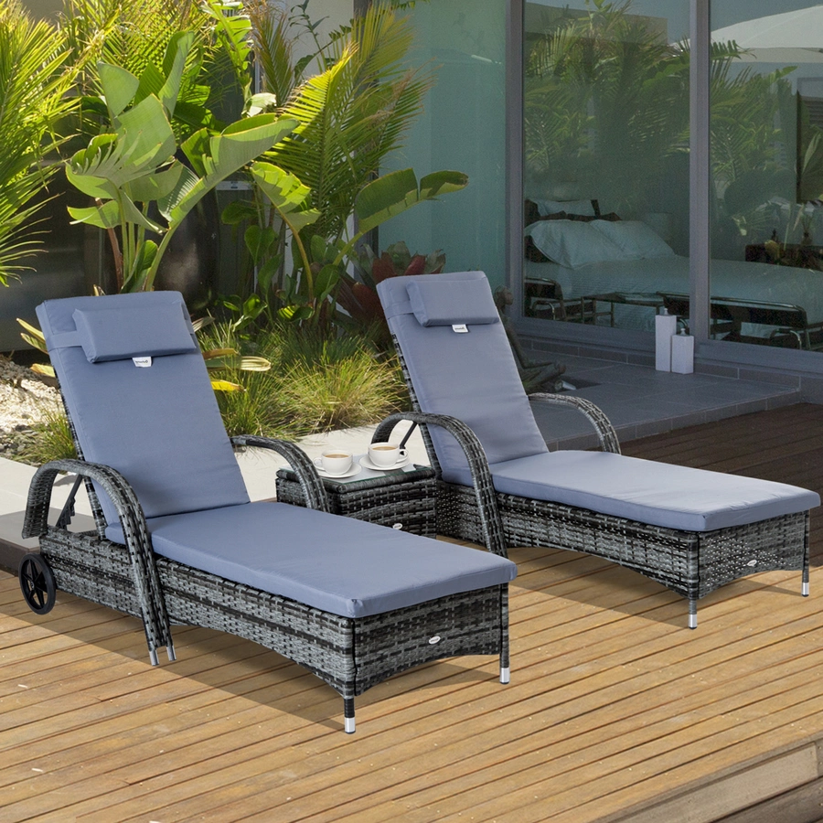 Outsunny Rattan-Gartenliege als 3-teiliges Set grau
