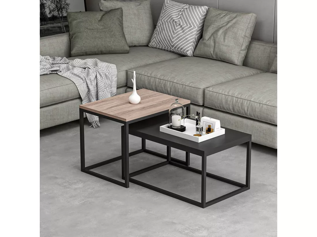 Set de 2 tables basses Aabenraa gigognes rectangulaires effet chêne / noir mat [en.casa]