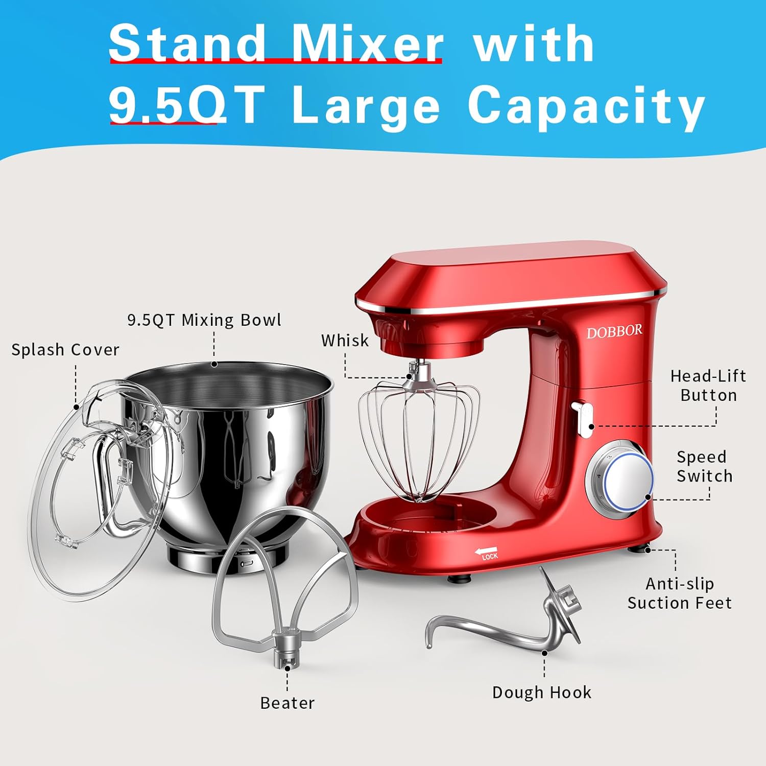9.5L Küchenmaschine Knetmaschine 1500W, DOBBOR Rührmaschine mit Rührbesen, Knethaken, Schlagbesen, Spritzschutz, 7 Geschwindigkeit Planetarisches Rührsystem, leise und multifunktional (Rood)