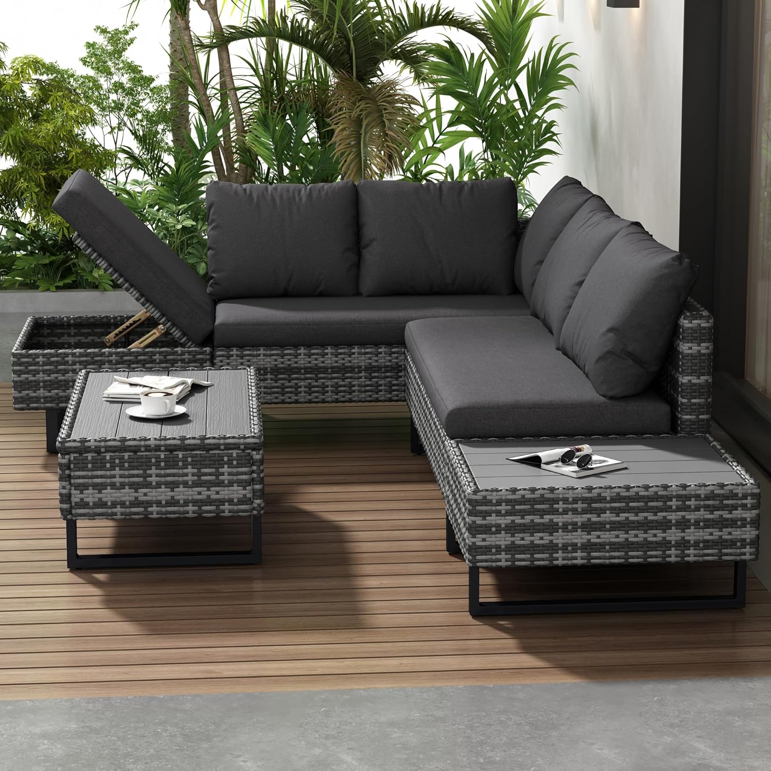 Merax Rattan Gartenmöbel Set mit 4–5 Sitzplätze, Outdoor Balkonmöbel, mit Liegefunktion und Kunststoffplatte Couchtisch, Terrassenmöbel mit Kissen für Balkon Terrasse, Gartenlounge Set, Grau