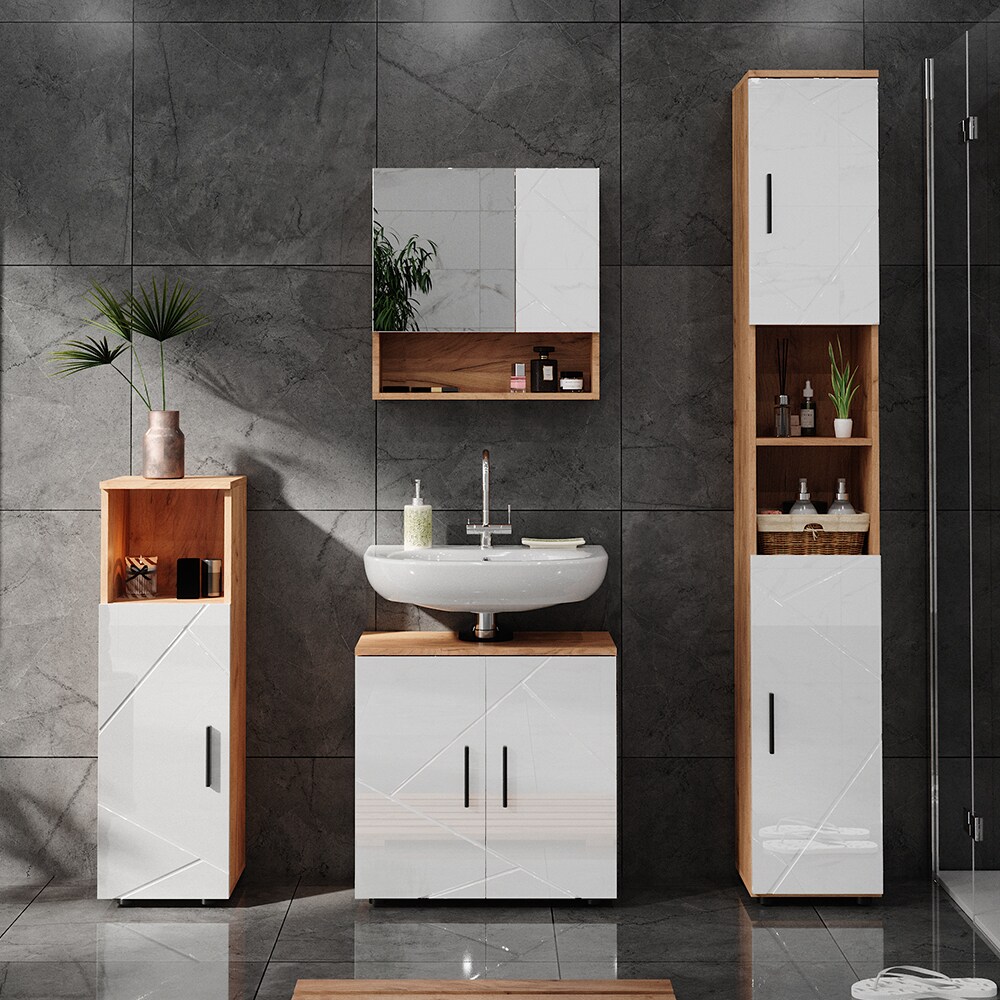 Vicco Midischrank Badschrank Badezimmermöbel Irma Eiche Weiß Hochglanz modern 30x95 cm Badezimmer Schrank Badkommode Badmöbel Fach Tür