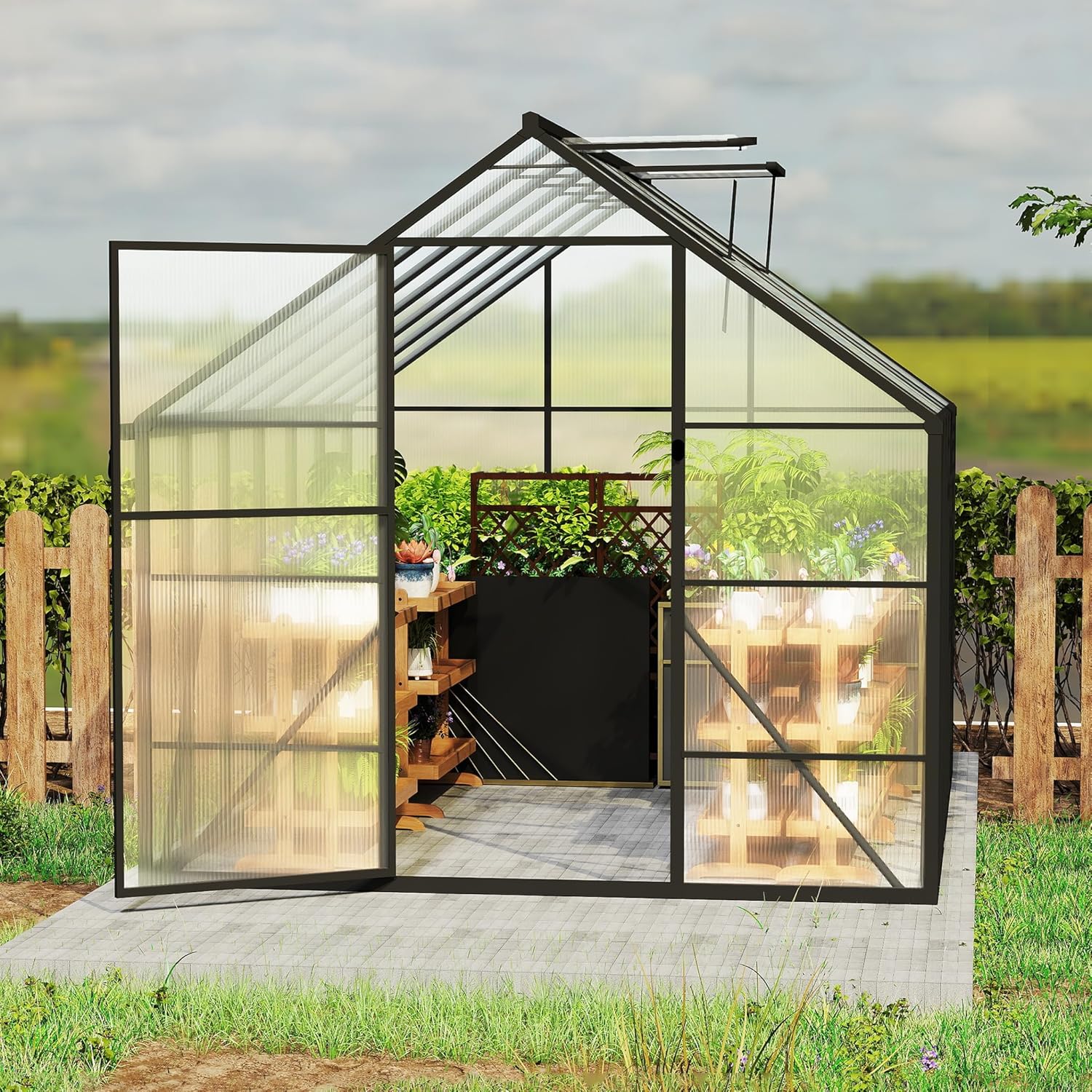 Gewächshaus Aluminium Treibhaus mit Transparent PC Platten Dachfenster & Tür & Fundament 310x250x205cm Winterfest Gartengewächshäuser Begehbares Pflanzenhaus für Garten Outdoor
