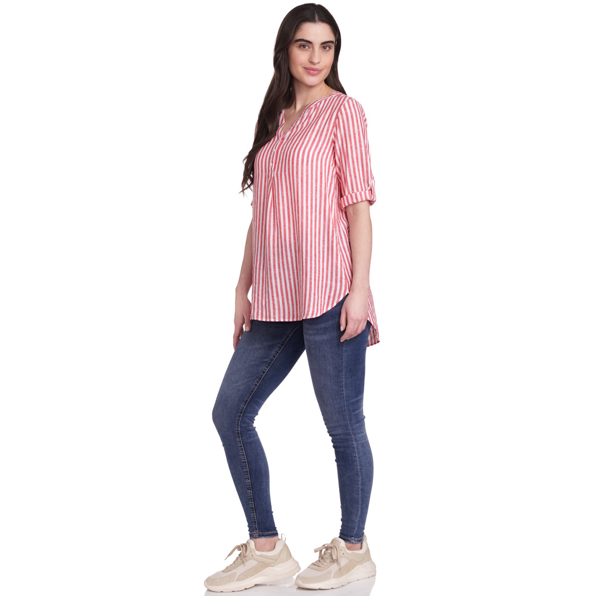 Gina Damen Leinen-Bluse mit Streifen rot / weiss