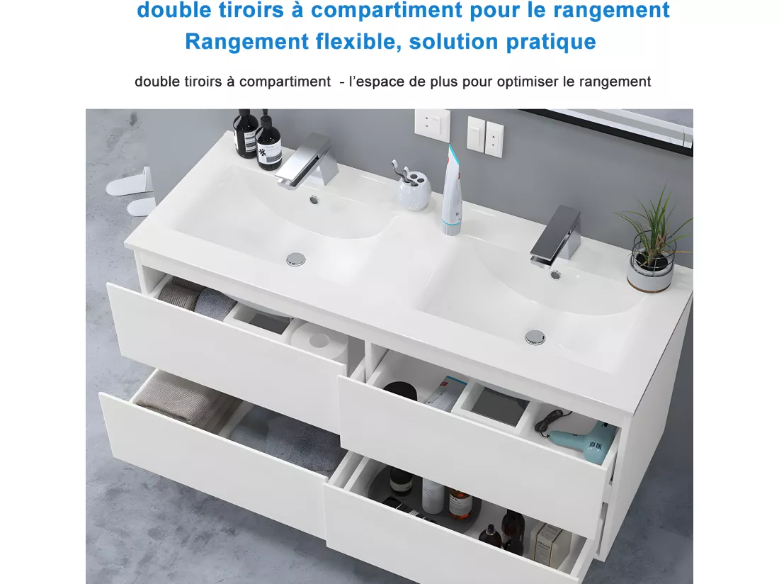 Meuble salle de bain blanc avec 4 tiroirs à une fermeture amortie avec deux vasques à suspendre 120x46x52(L*W*H)cm