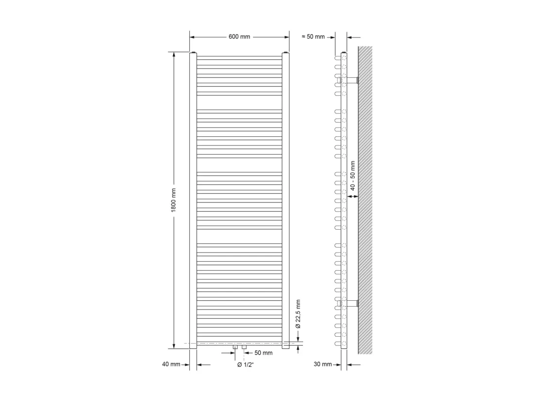 Radiateur Design Sahara Non Electrique, 600 x 1800 mm, Blanc, Connexion Central