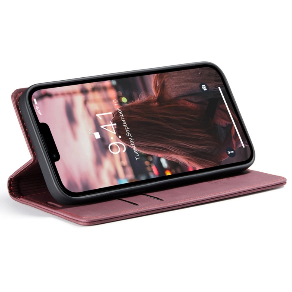 iPhone 14 Leder Tasche Flip Wallet Etui mit Kartenfächern - Dunkelrot