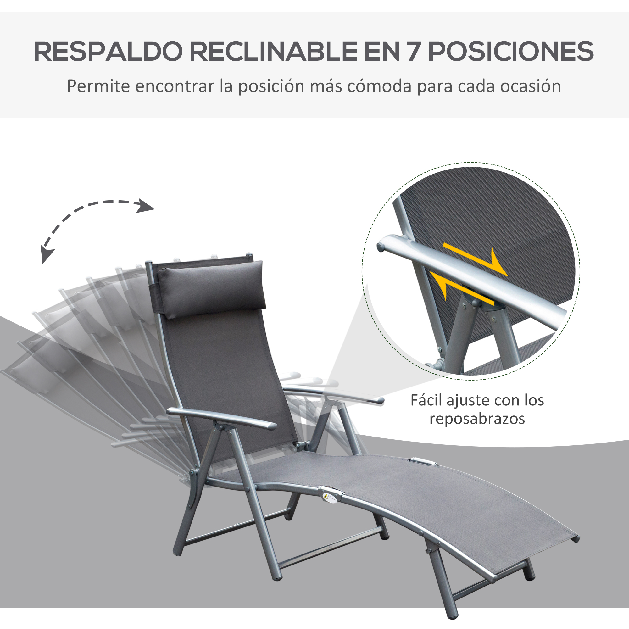 Espreguiçadeira dobrável Outsunny para jardim, com encosto ajustável em 7 níveis, almofada e apoios de braço, capacidade de carga de 165 kg, ideal para piscina, terraço e camping, dimensões 137 x 63,5 x 100,5 cm, cinza.
