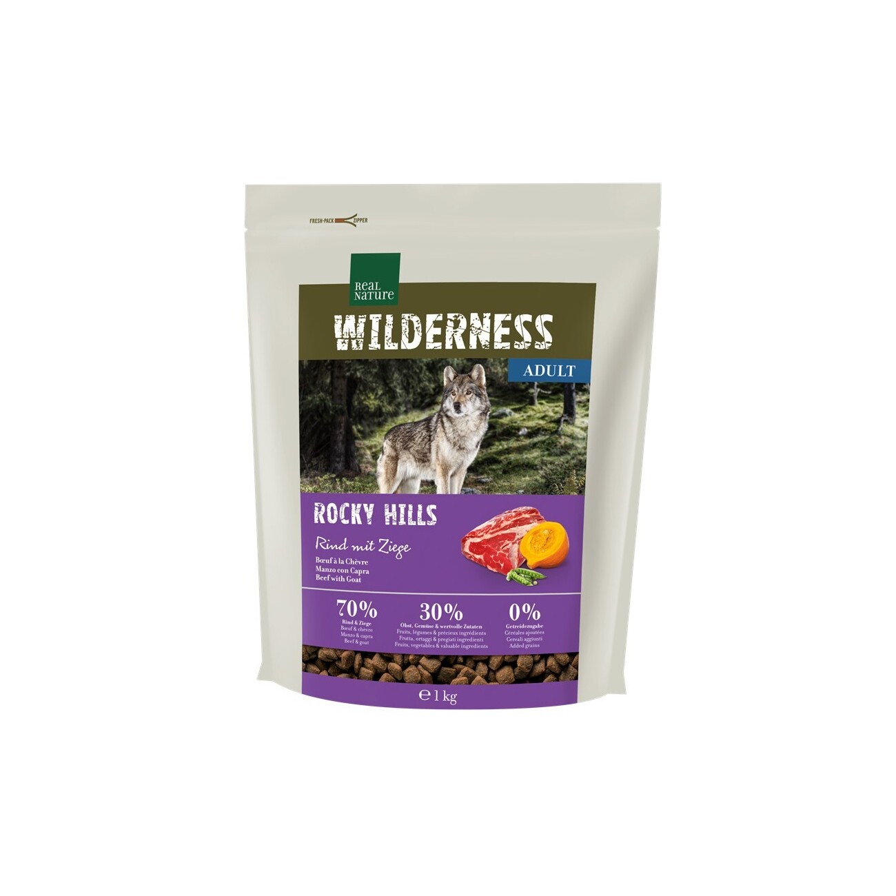 REAL NATURE WILDERNESS Trockenfutter Hund, Adult, Rocky Hills Rind und Ziege 1 kg