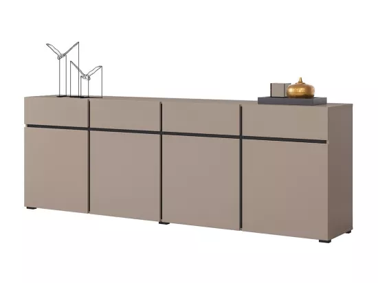 Buffet XL coloris beige et noir 225cm collection HAVANA. Bahut design avec 4 portes et 4 tiroirs.