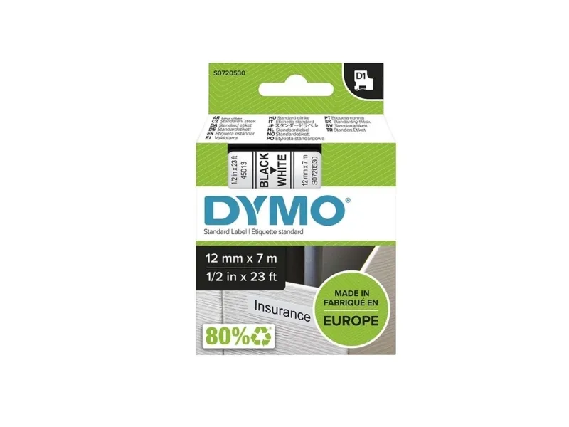 Labeltape DYMO® D1 sort på hvid 12mm x 7m