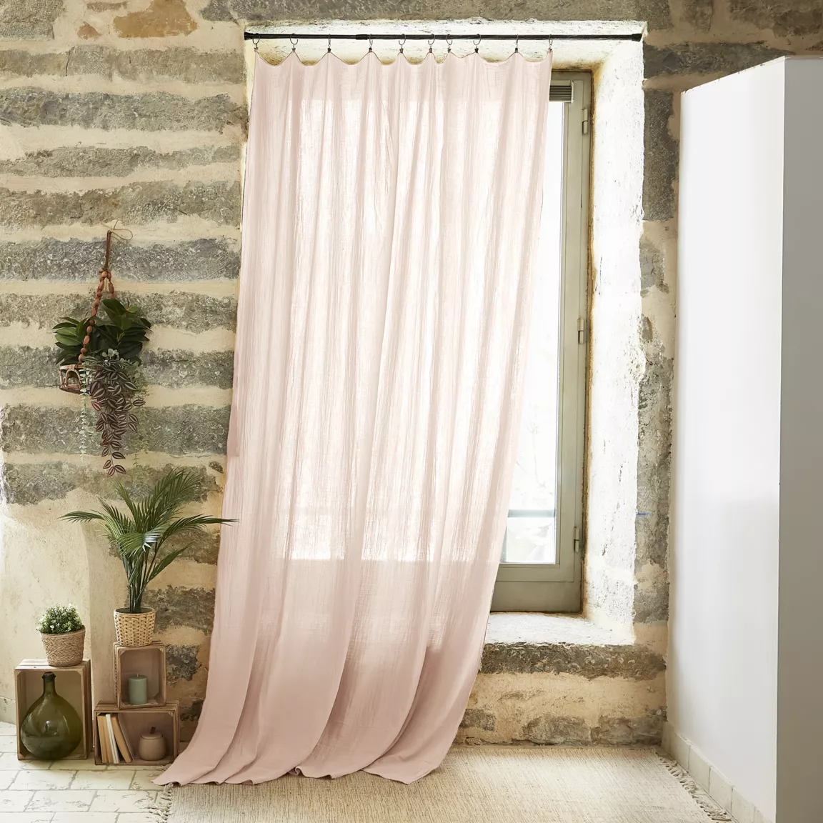 Rideau gaze de coton ajustable (180 x max 300 cm) Gaïa Rose poudré