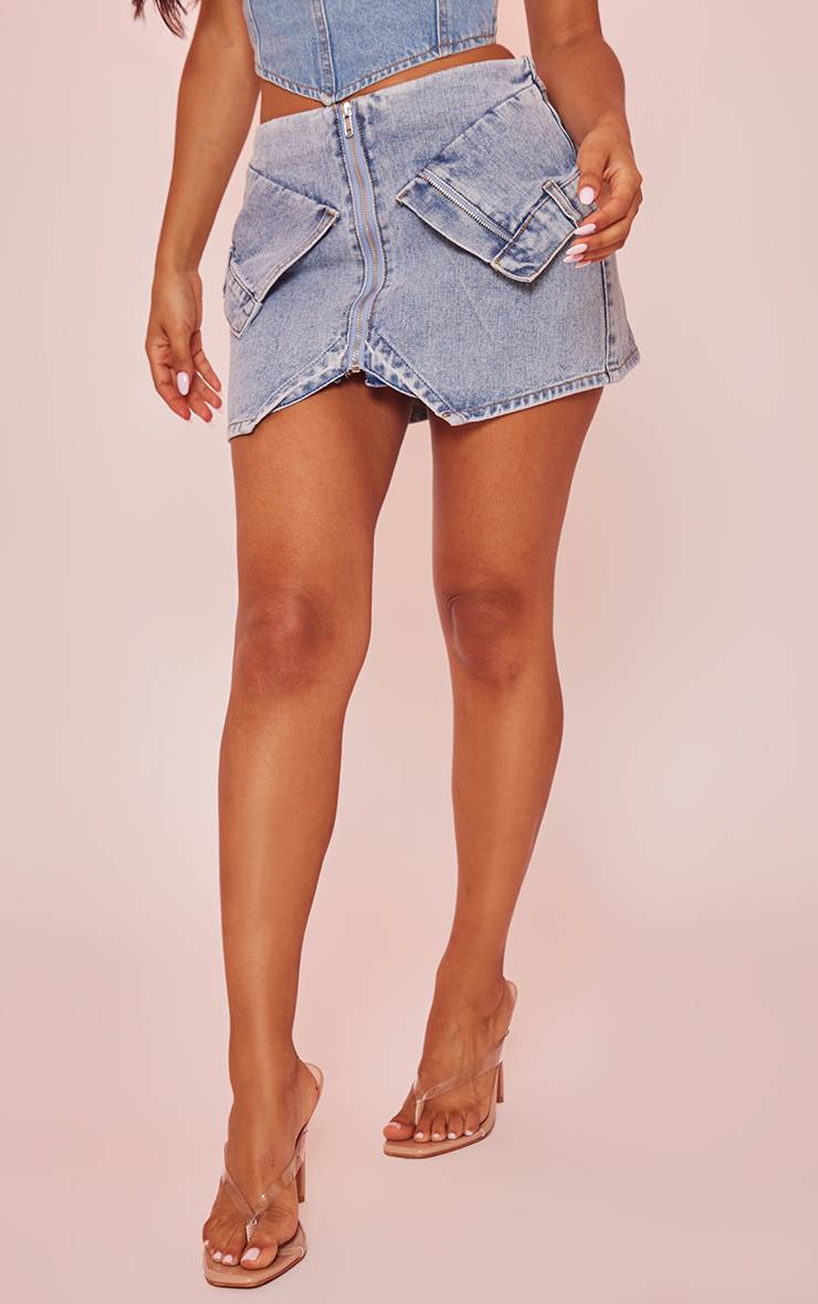 Light Blue Wash Jupe En Jean Mini Avec Poches Frontales Petite