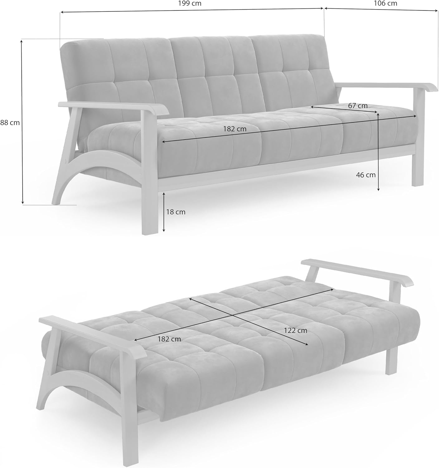 Cavadore 3er-Sofa Billan / 3-Sitzer Schlafsofa im skandinavischen Design mit Bett und massivem Holzgestell in Buche / 199 x 88 x 106 / Mehrfarbiger Strukturstoff, Rot-Braun