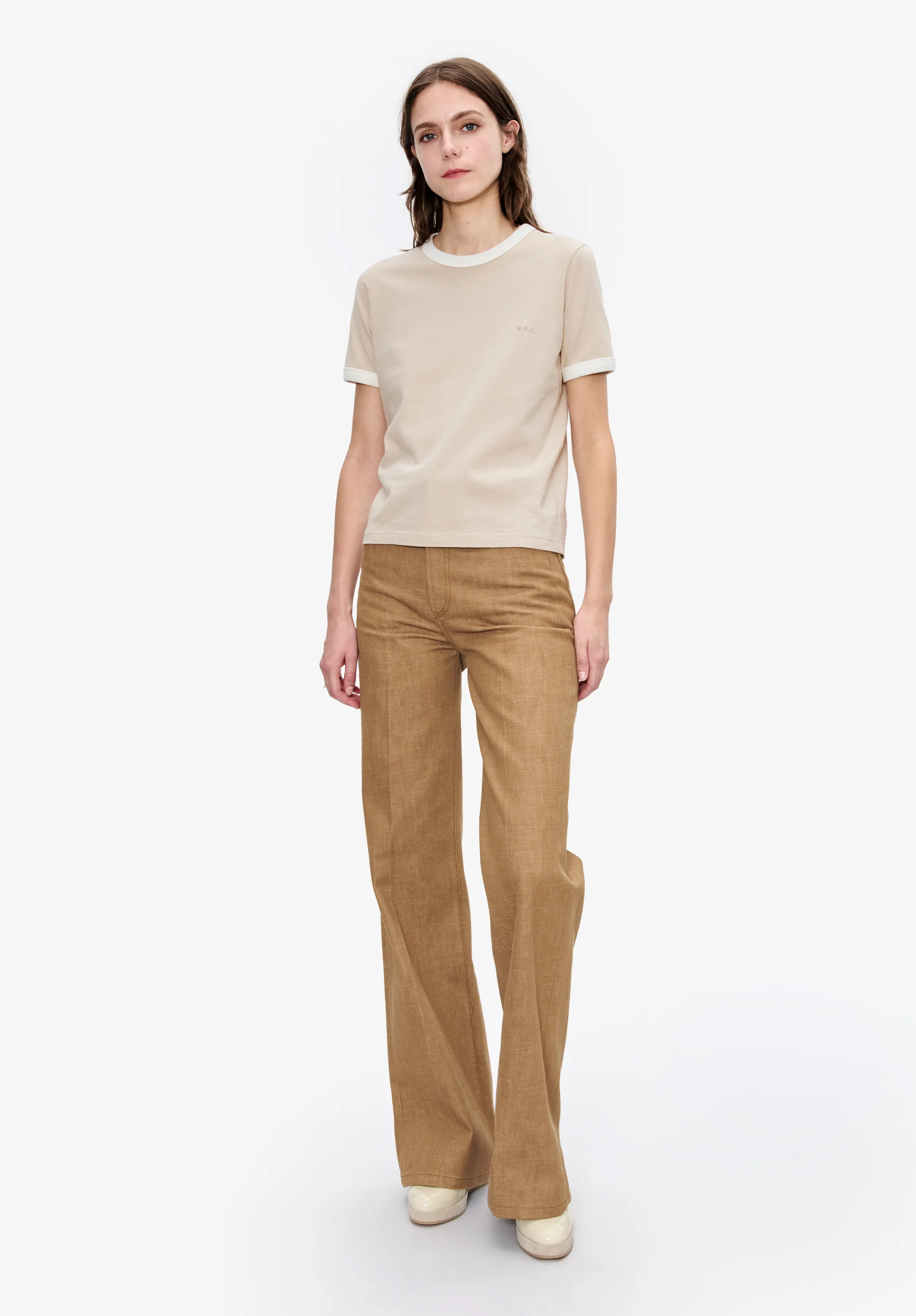t-shirt crop manche courte contrasté - Mastic
