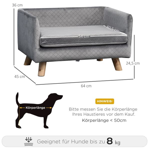 Hundesofa Velvet Touch Pet Sofa For Små Hunder Opptil 8 Kg, Med Treben, Grå, 64X45X36Cm