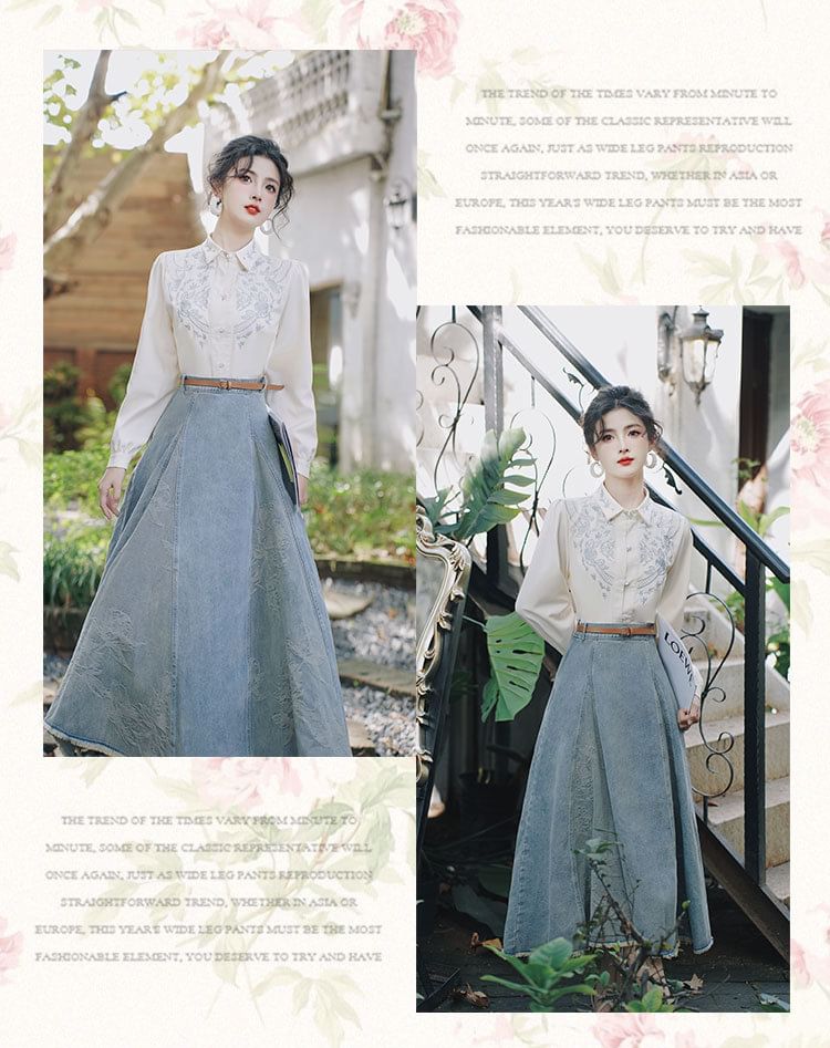 Cocaliso - Effen overhemd met kraag / Gewassen denim vest / Midi A-lijn rok met gemiddelde taille / Set